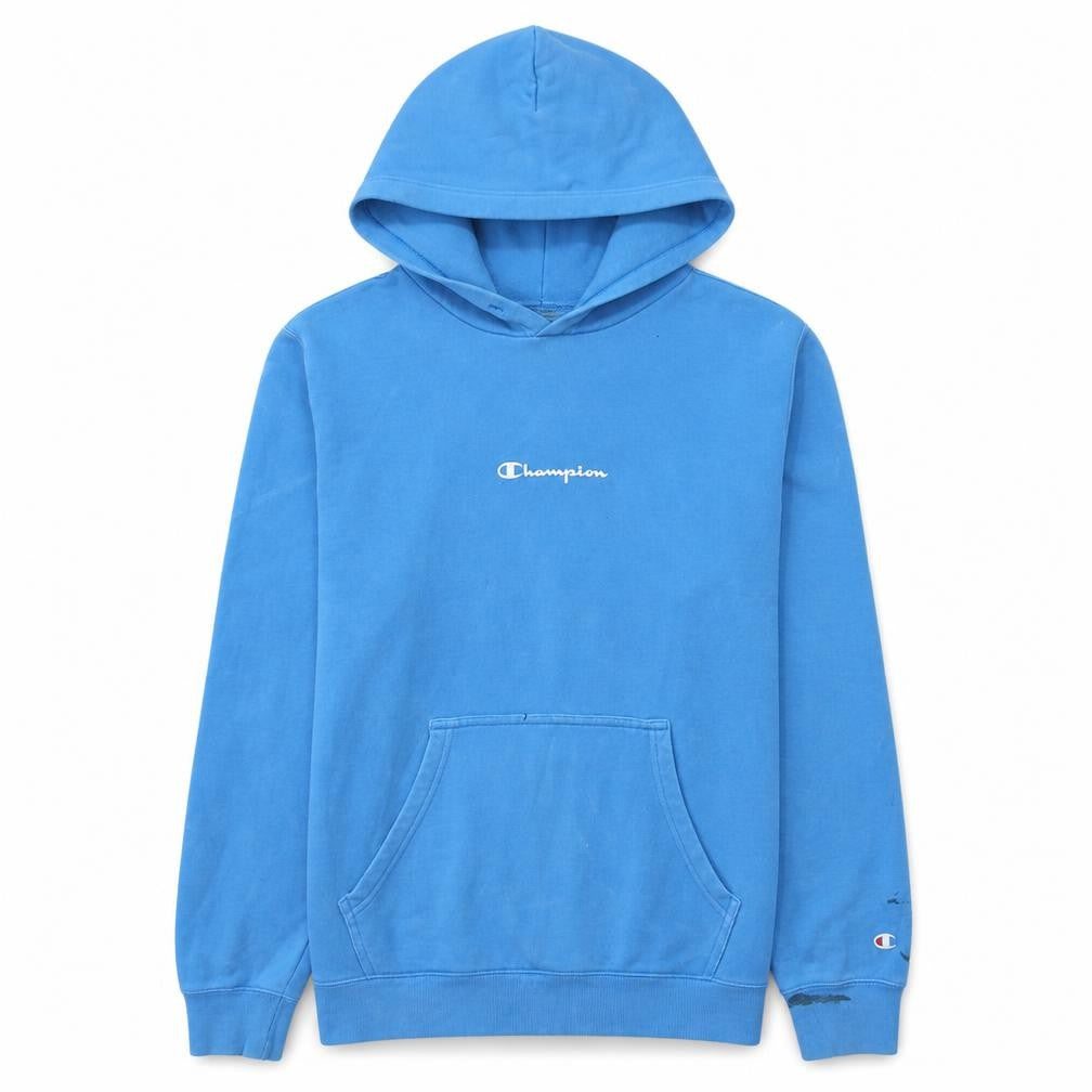 Front view of Champion Men's Blue Pullover Hoodie Large Logo Fleece Sweatshirt