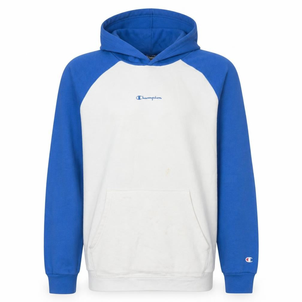 Front view of Champion boys’ blue & white pullover hoodie, size 15-16, years cotton blend