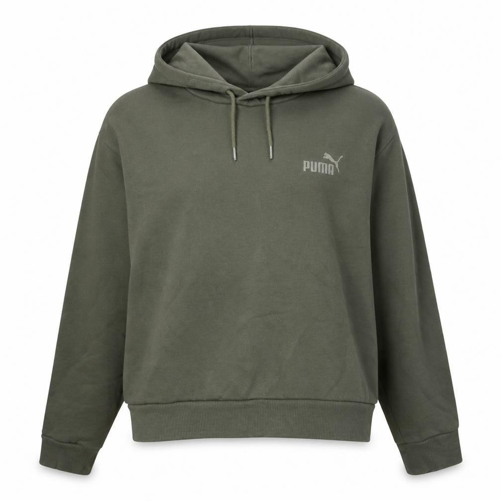 Front view of Puma women’s green pullover hoodie, size L, relaxed fit sweatshirt