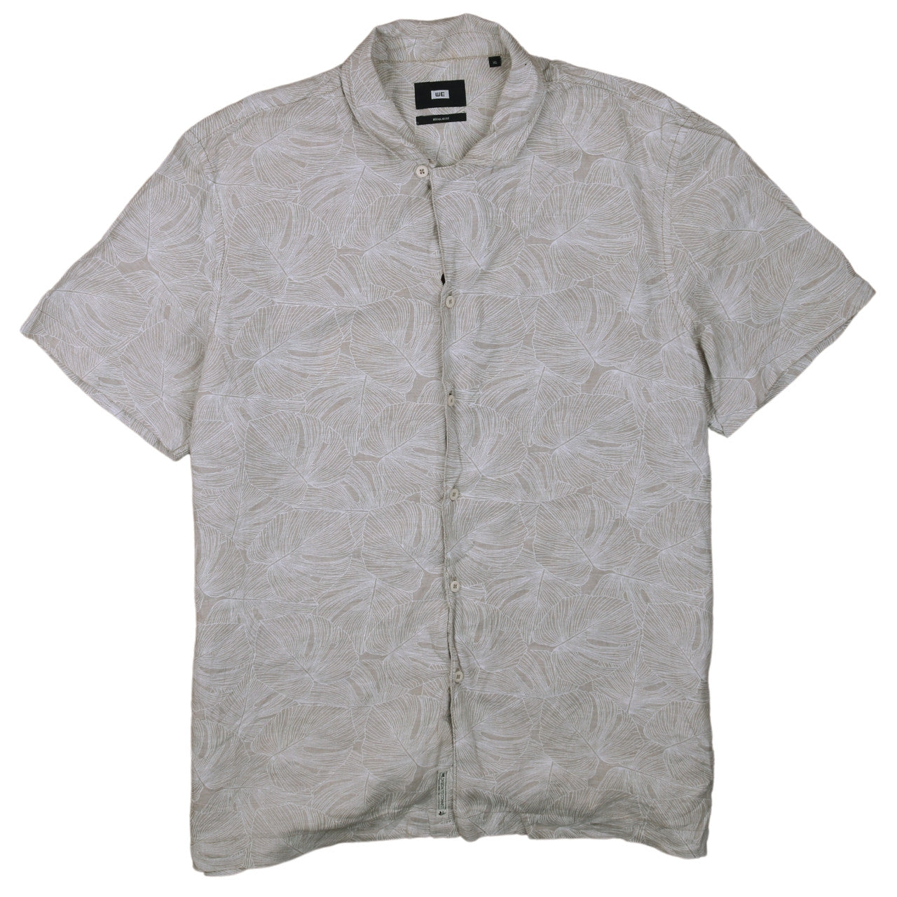 WE Men’s Beige Regular Fit Band Collar Short Sleeve Linen Cotton Shirt XL