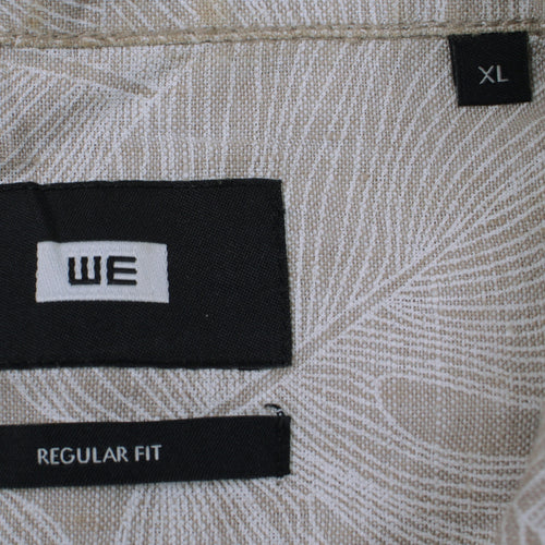 WE Men’s Beige Regular Fit Band Collar Short Sleeve Linen Cotton Shirt XL