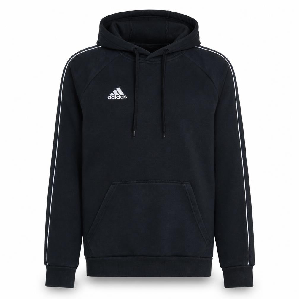 Front view of Adidas men’s black small pullover hoodie with logo and drawstring