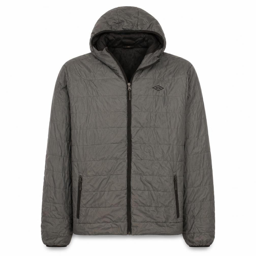 Front view of Umbro Men’s Grey 2XL Hooded Puffer Jacket Full Zip Quilted Coat