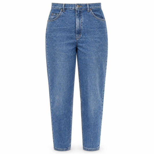 Front view of Lee women’s blue high rise mom jeans, size UK 14, vintage 90s denim