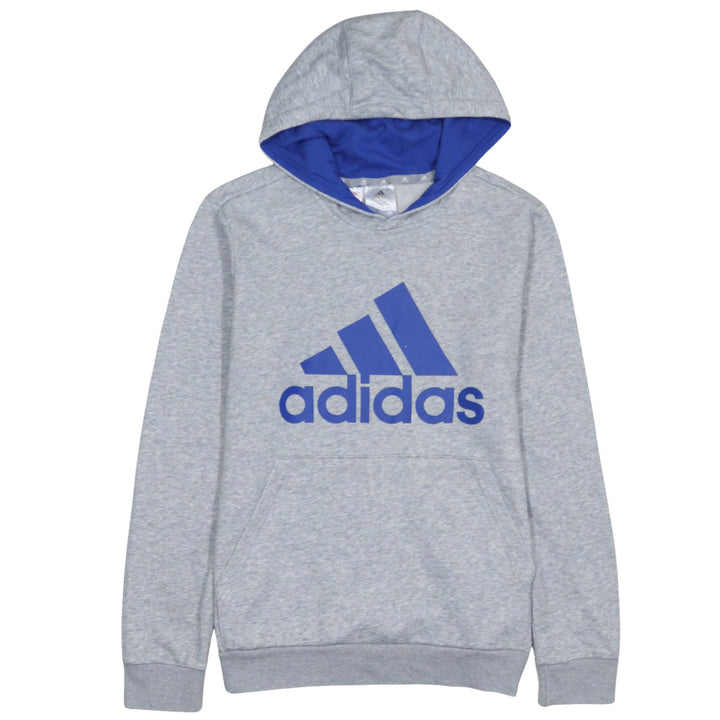 Adidas Boys Grey Blue Hoodie L 13-14 Years Pullover Fleece Logo Sweatshirt