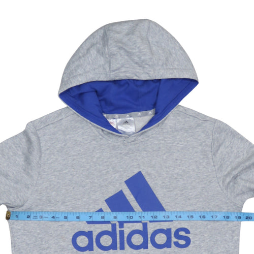 Adidas Boys Grey Blue Hoodie L 13-14 Years Pullover Fleece Logo Sweatshirt