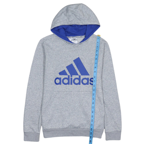 Adidas Boys Grey Blue Hoodie L 13-14 Years Pullover Fleece Logo Sweatshirt