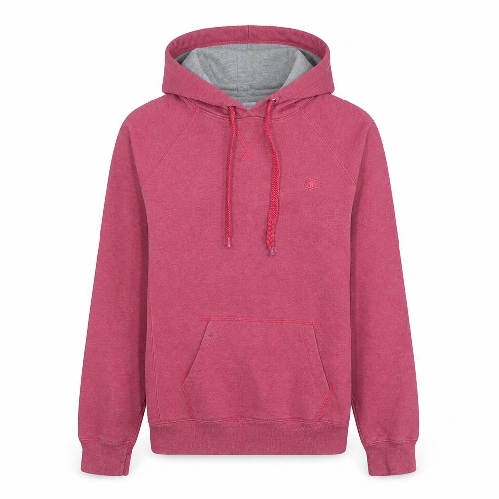 Front view of Champion women’s pink hooded pullover sweatshirt, size M