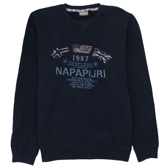 Napapijri Men's Blue Logo Crew Neck Pullover Sweatshirt L