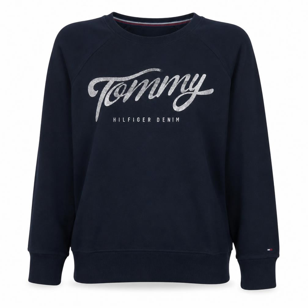 Front view of Tommy Hilfiger Denim women’s navy blue m pullover sweatshirt