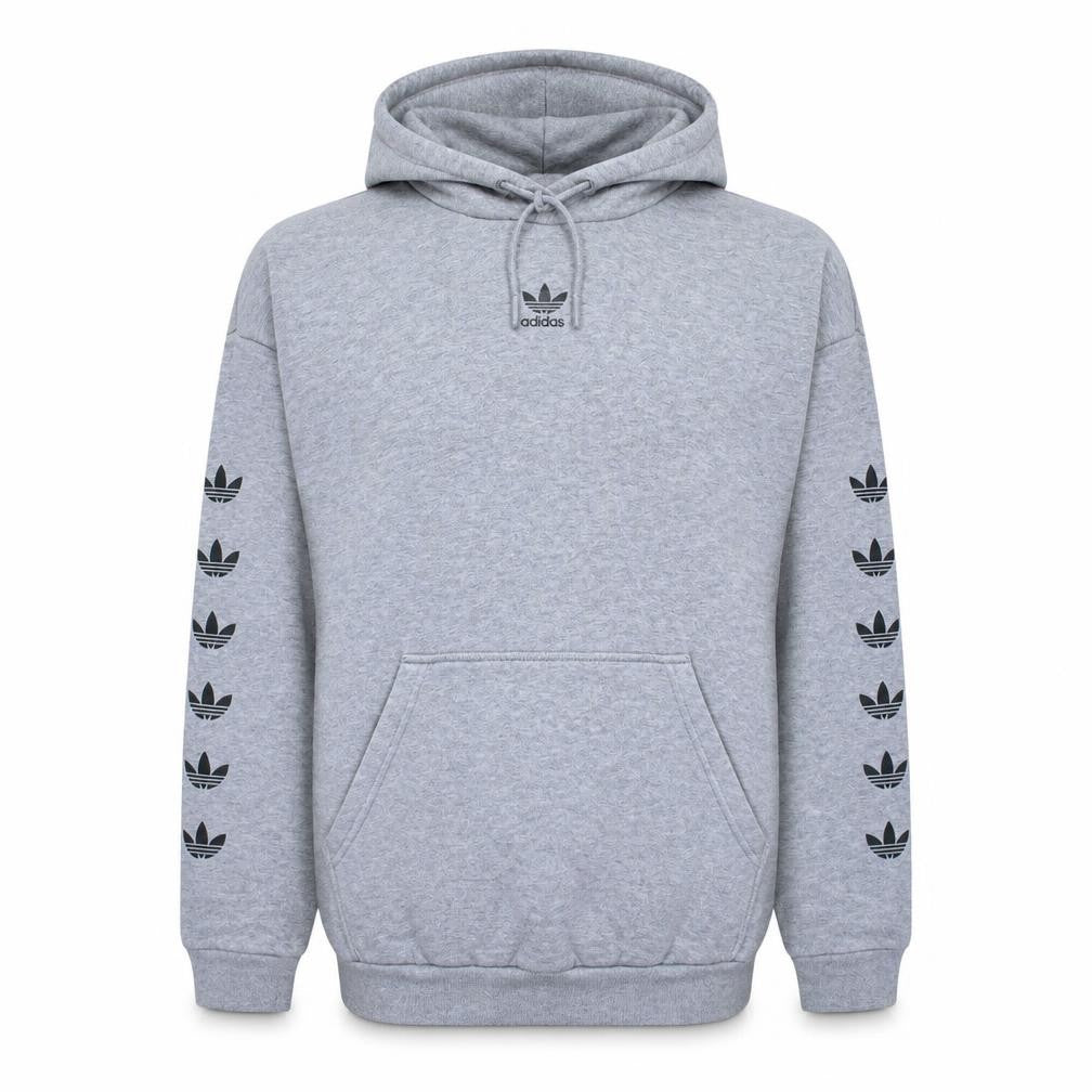 Front view of Adidas Men Grey Pullover Hoodie L Logo Fleece Sportswear