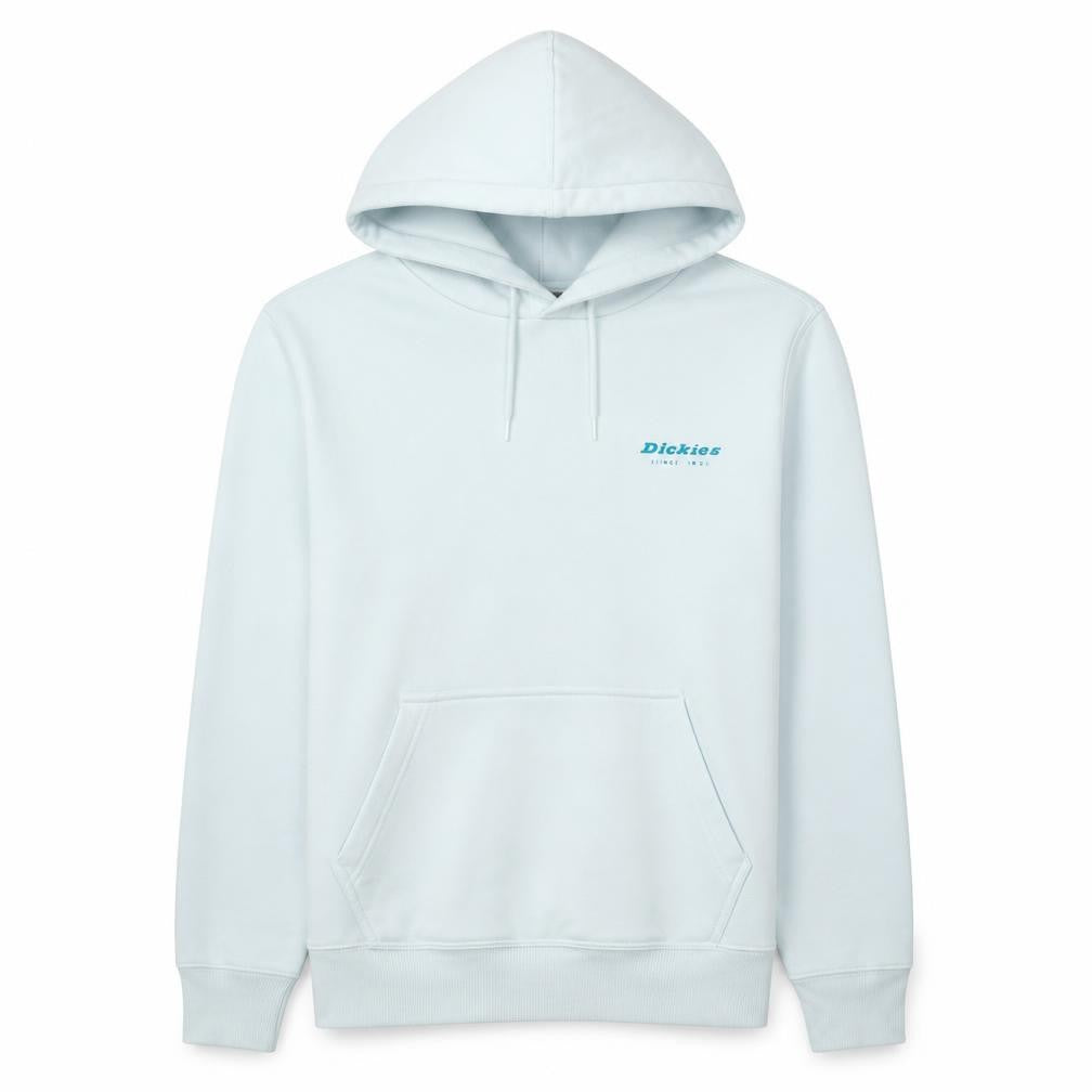 Front view of Dickies Men’s White Pullover Hoodie Medium Logo Graphic Fleece