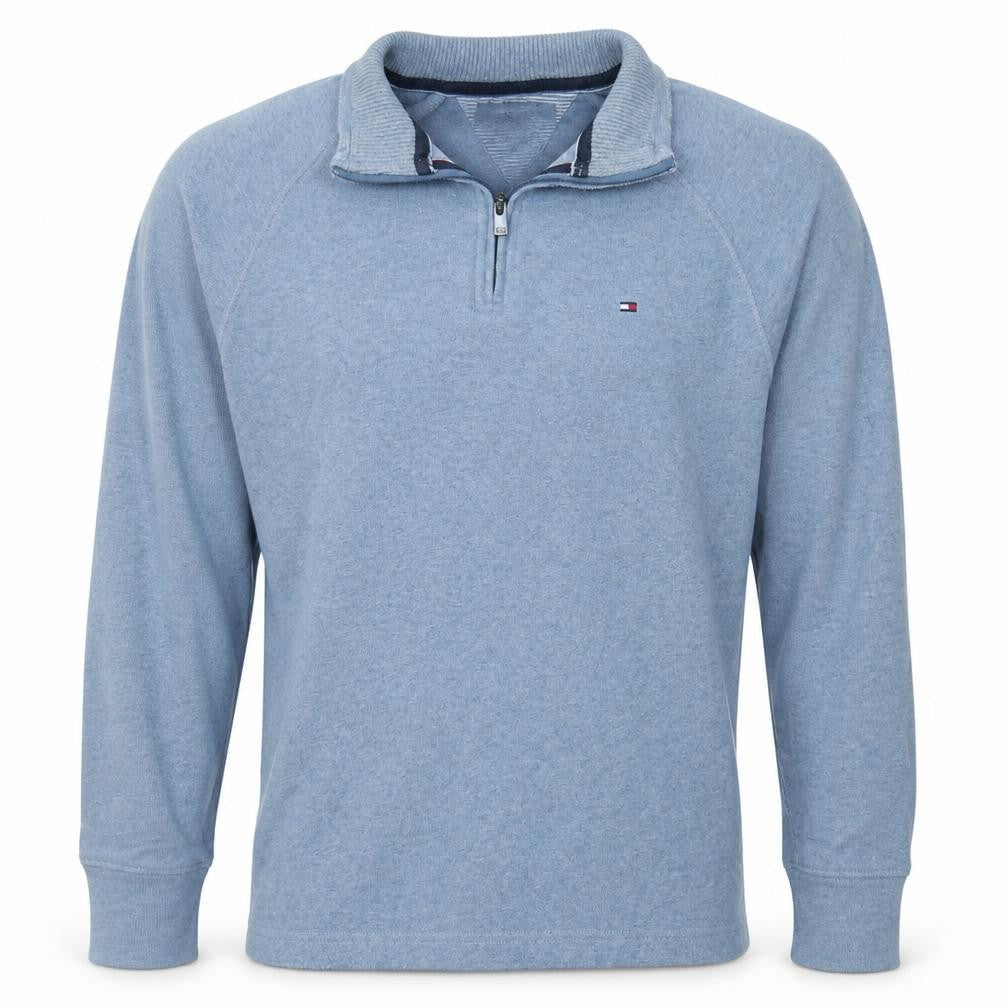 Front view of Tommy Hilfiger men’s blue 1/4 zip mock neck sweatshirt, size L
