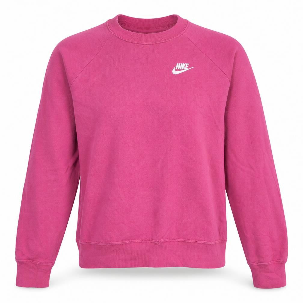 Front view of Nike women’s pink xs pullover sweatshirt with logo