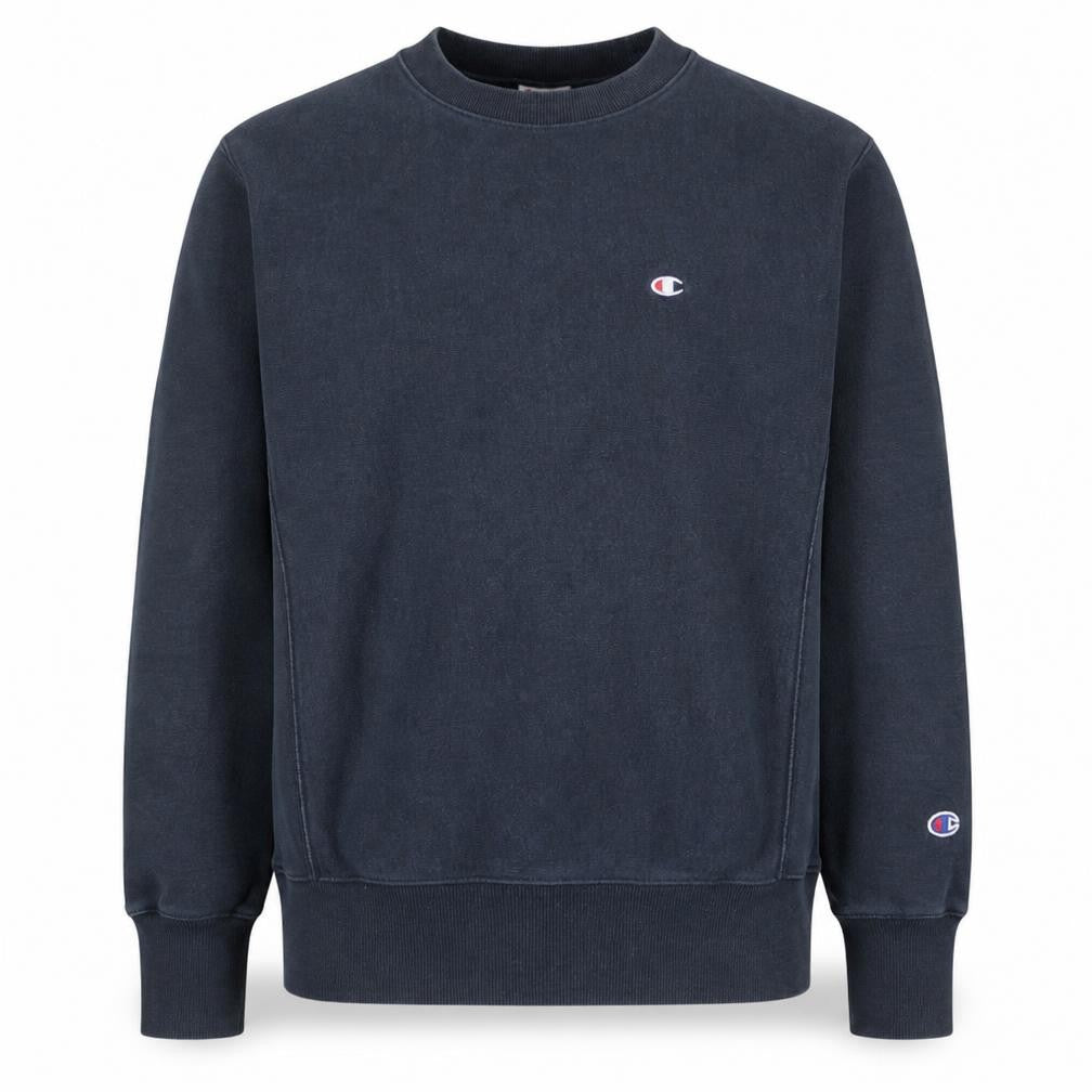 Front view of Champion Men’s Blue Crew Neck Pullover Sweatshirt, size L