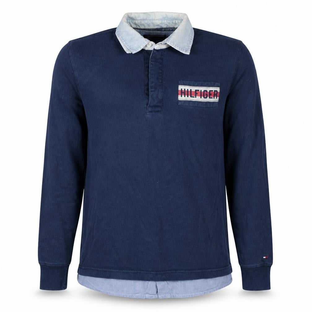 Front view of Tommy Hilfiger Men's Blue Collared Long Sleeve Vintage Fit Sweatshirt M