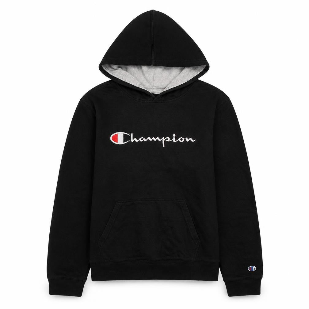 Front view of Champion women’s black xl pullover hoodie with logo embroidery