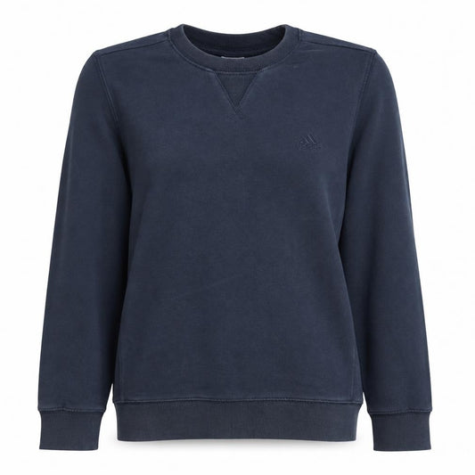 Front view of Adidas women’s navy blue crew neck sweatshirt, size UK 10, uk cotton blend