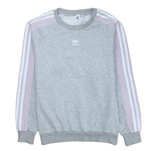 Adidas Women Grey & Lilac 3-Stripes Crew Neck Pullover Sweatshirt UK 6
