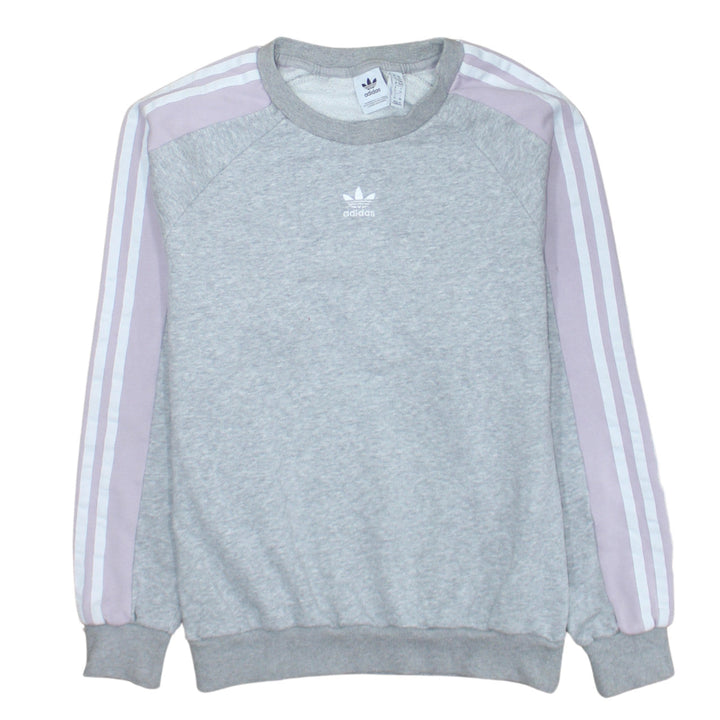Adidas Women Grey & Lilac 3-Stripes Crew Neck Pullover Sweatshirt UK 6