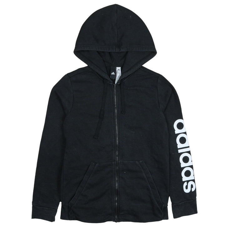 Adidas Womens Black Full Zip Hoodie Size L 16-18 Logo Sleeve