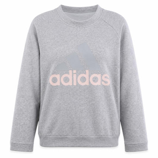 Front view of Adidas women’s grey pullover sweatshirt, size M, logo crew neck