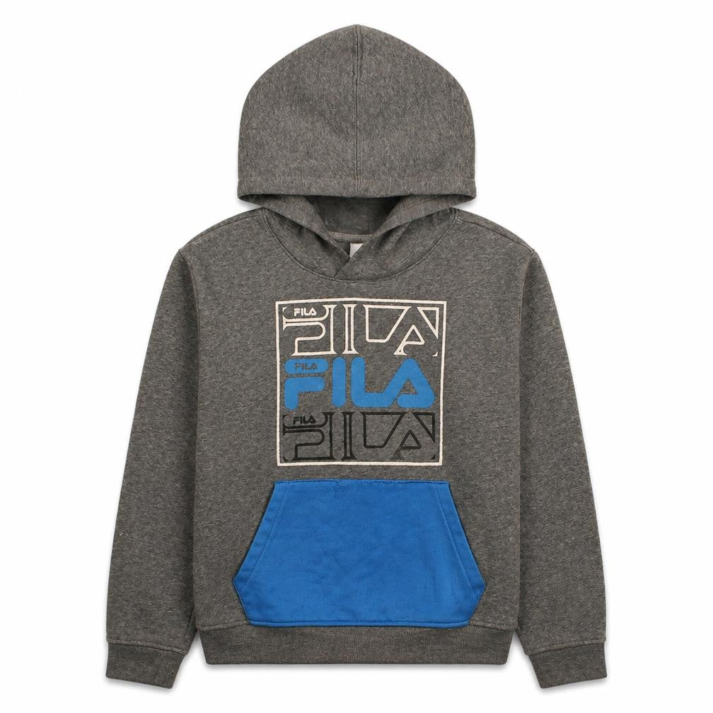 Front view of Fila boys’ grey & blue pullover hoodie, size 11-12, years graphic print