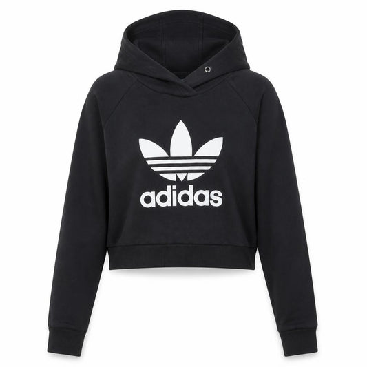 Front view of Adidas Women’s Black Cropped Hoodie, size UK 10, Logo Print Pullover