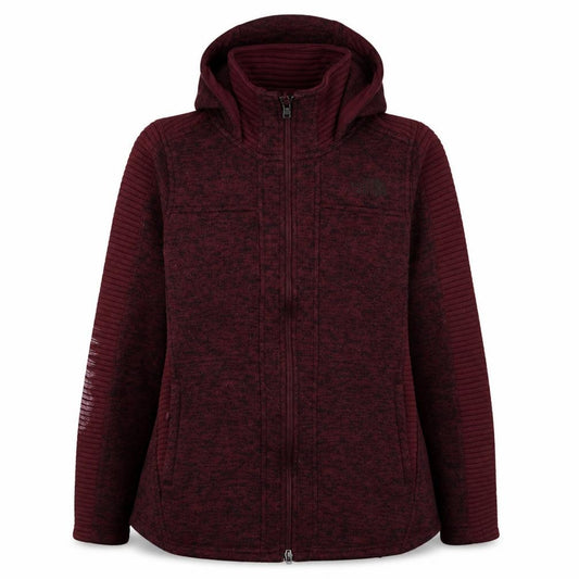 Front view of The North Face women’s burgundy full zip hoodie, size S, fleece lined outdoor