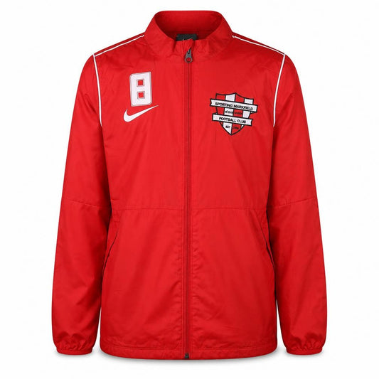 Front view of Nike boys’ red football track jacket, size L, 147-158cm full zip lightweight