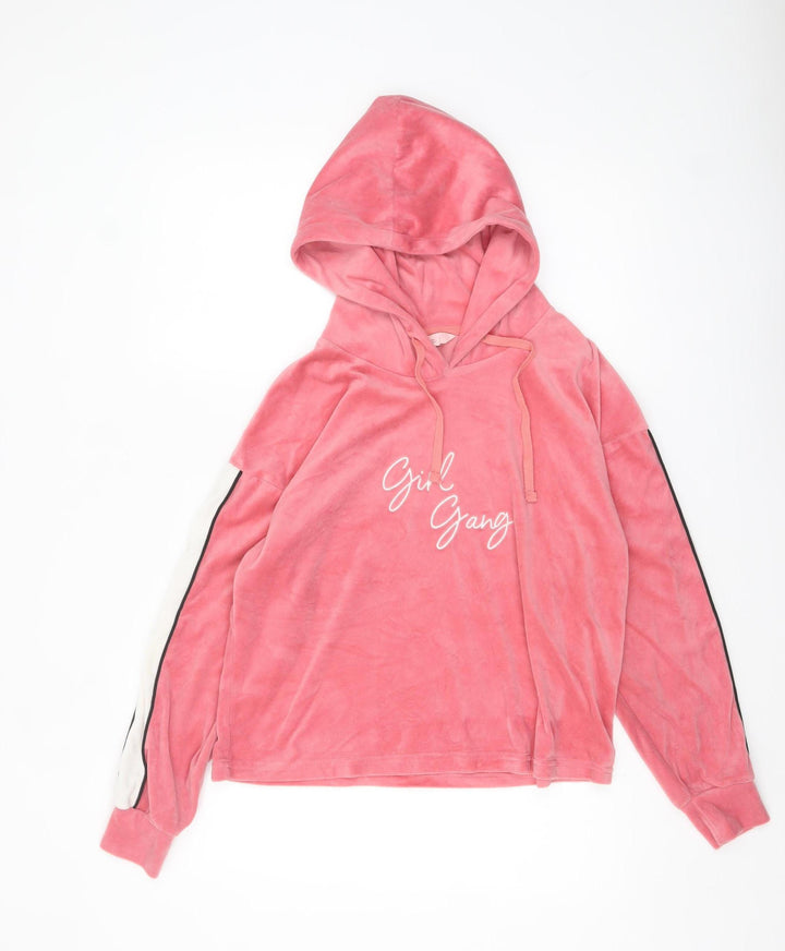 Boux Avenue Women's Pink Velour Girl Gang Pullover Hoodie UK 12