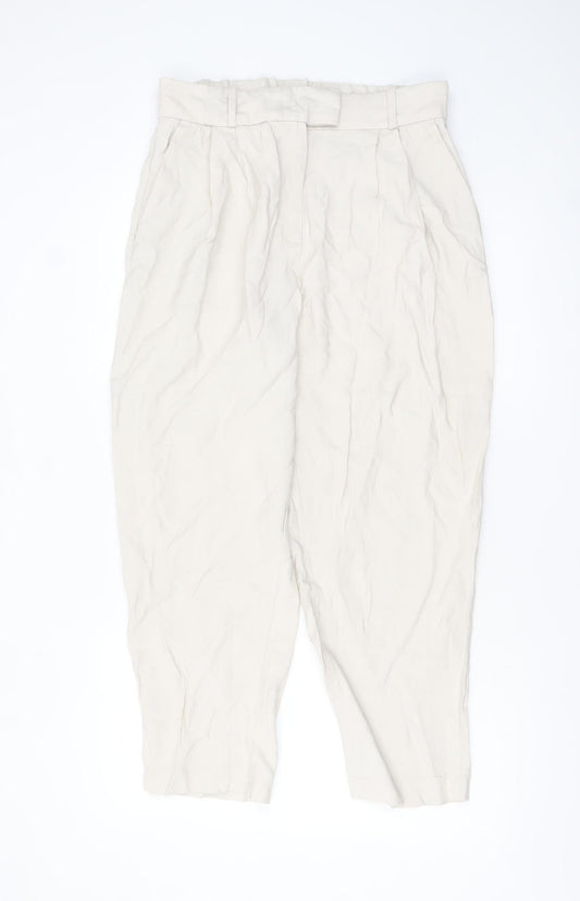 H&M Women Beige Paperbag High Waist Tapered Trousers Size 14