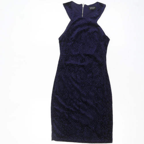 Topshop Women's Blue Velvet Bodycon Halter Sleeveless Dress UK 6