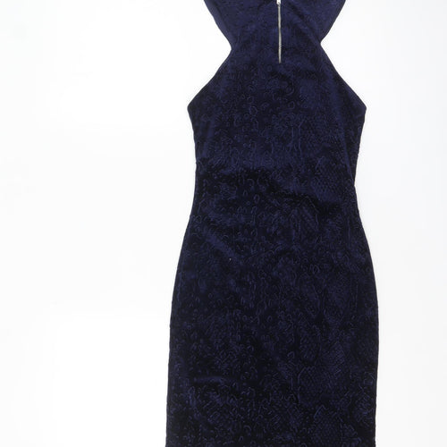 Topshop Women's Blue Velvet Bodycon Halter Sleeveless Dress UK 6