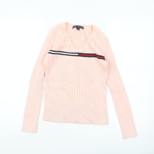 Tommy Hilfiger Womens Pink Cotton V-Neck Ribbed Jumper XS