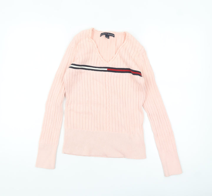 Tommy Hilfiger Womens Pink Cotton V-Neck Ribbed Jumper XS