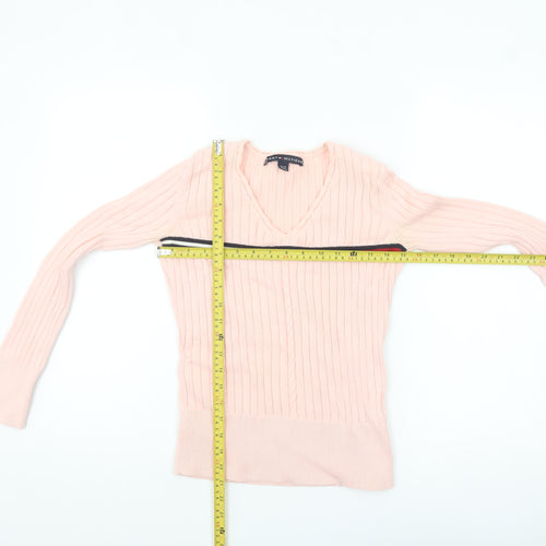 Tommy Hilfiger Womens Pink Cotton V-Neck Ribbed Jumper XS