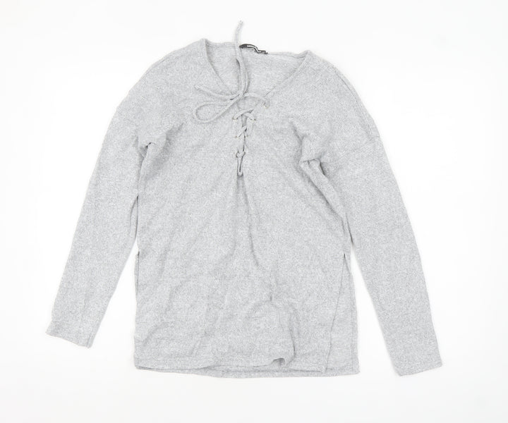 Missguided Women’s Grey Lace-Up Knit Tunic Top Size 8
