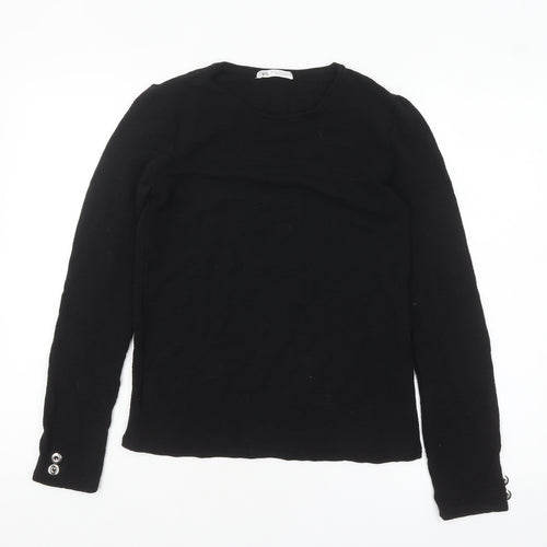 Zara Women's Black Knit Long Sleeve Button Blouse Size 12