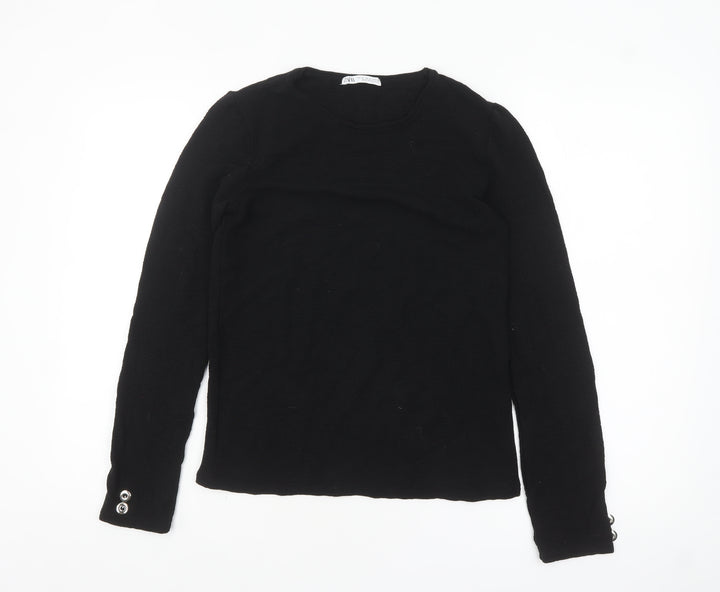 Zara Women's Black Knit Long Sleeve Button Blouse Size 12