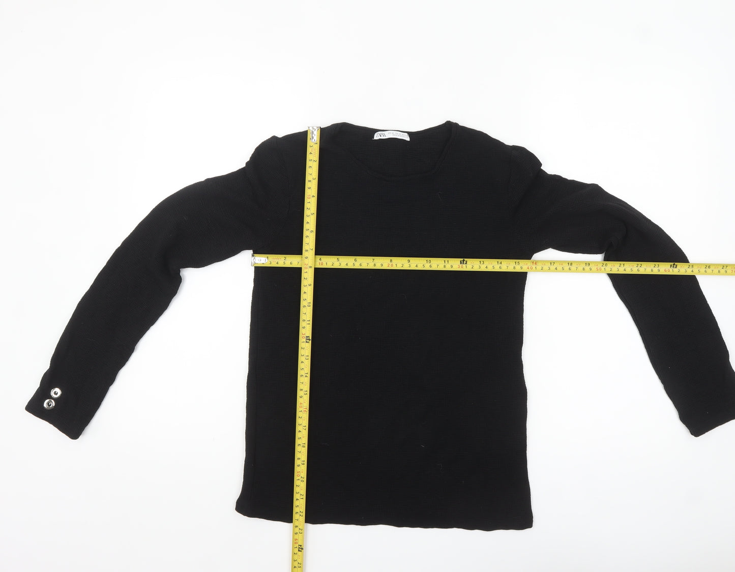 Zara Women's Black Knit Long Sleeve Button Blouse Size 12