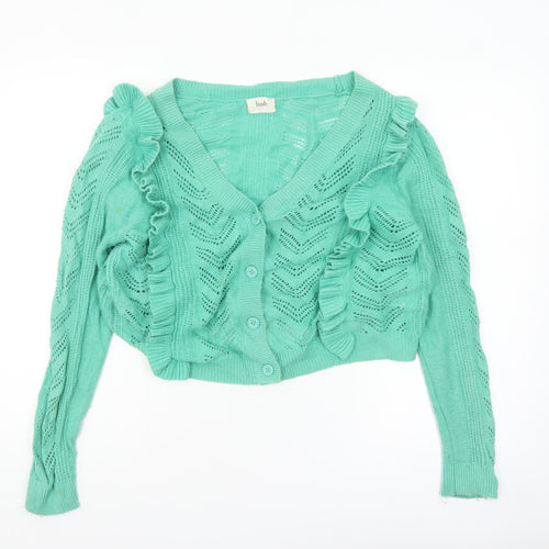 Hush Women's Green Ruffle Knit Cardigan Size S Open Knit Long Sleeve