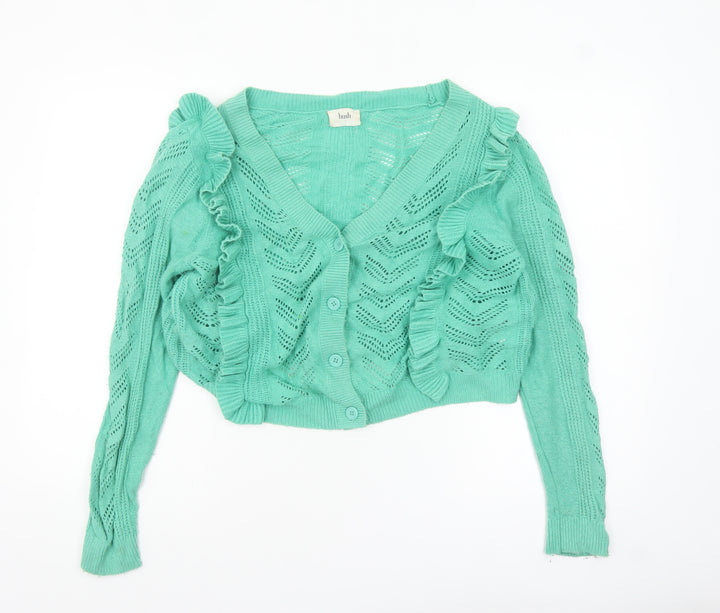 Hush Women's Green Ruffle Knit Cardigan Size S Open Knit Long Sleeve