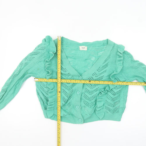 Hush Women's Green Ruffle Knit Cardigan Size S Open Knit Long Sleeve