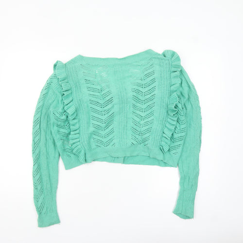 Hush Women's Green Ruffle Knit Cardigan Size S Open Knit Long Sleeve