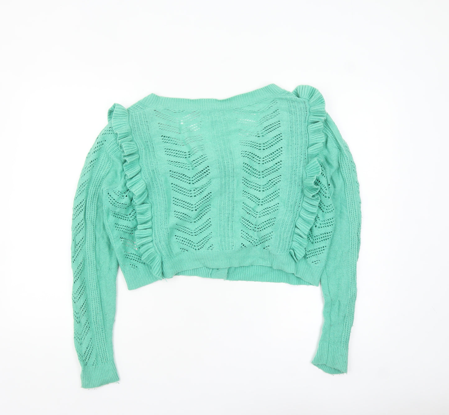 Hush Women's Green Ruffle Knit Cardigan Size S Open Knit Long Sleeve