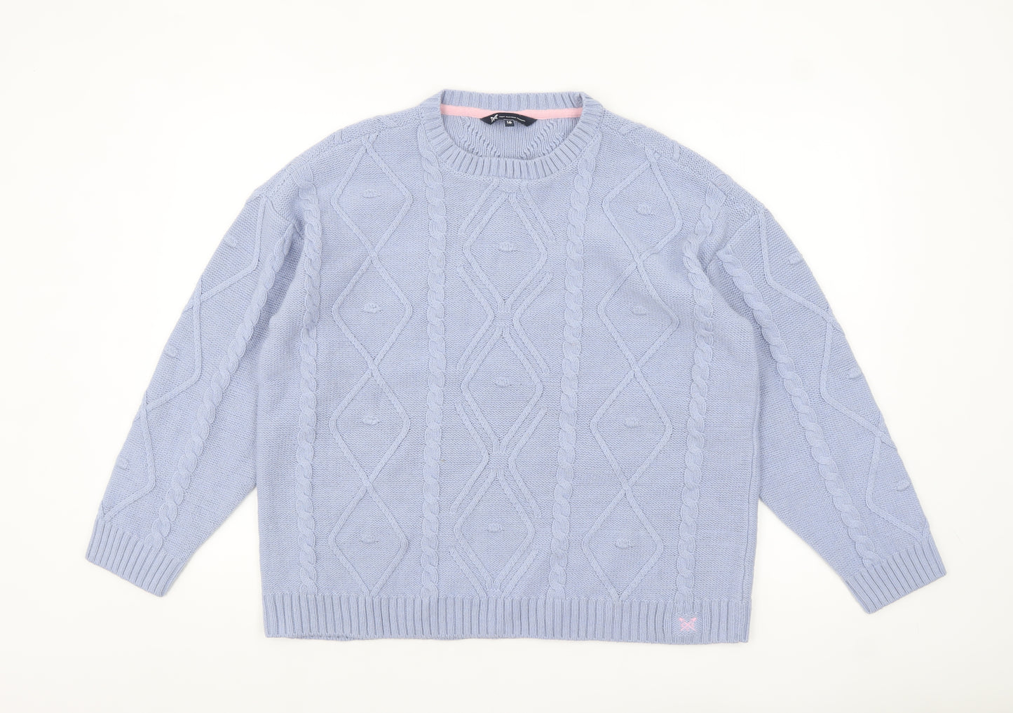 Crew Clothing Women Blue Cable-Knit Wool Blend Jumper Size 16