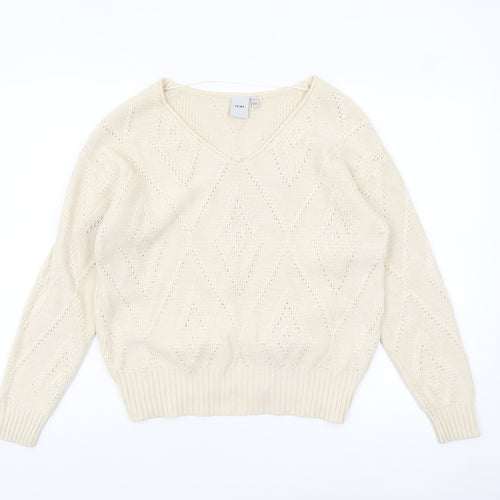 ICHI Women Ivory V-Neck Knit Pullover Jumper XS