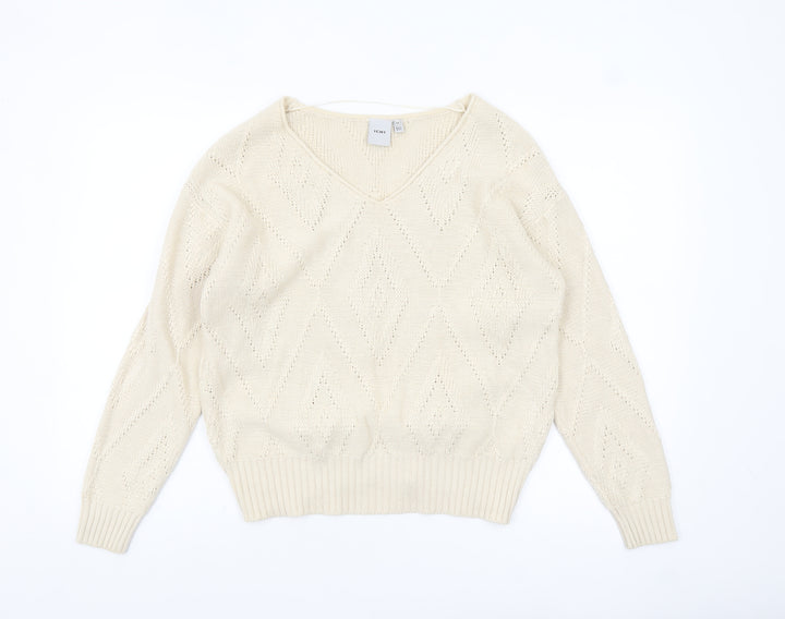 ICHI Women Ivory V-Neck Knit Pullover Jumper XS