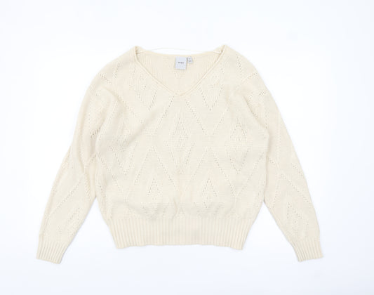 ICHI Women Ivory V-Neck Knit Pullover Jumper XS